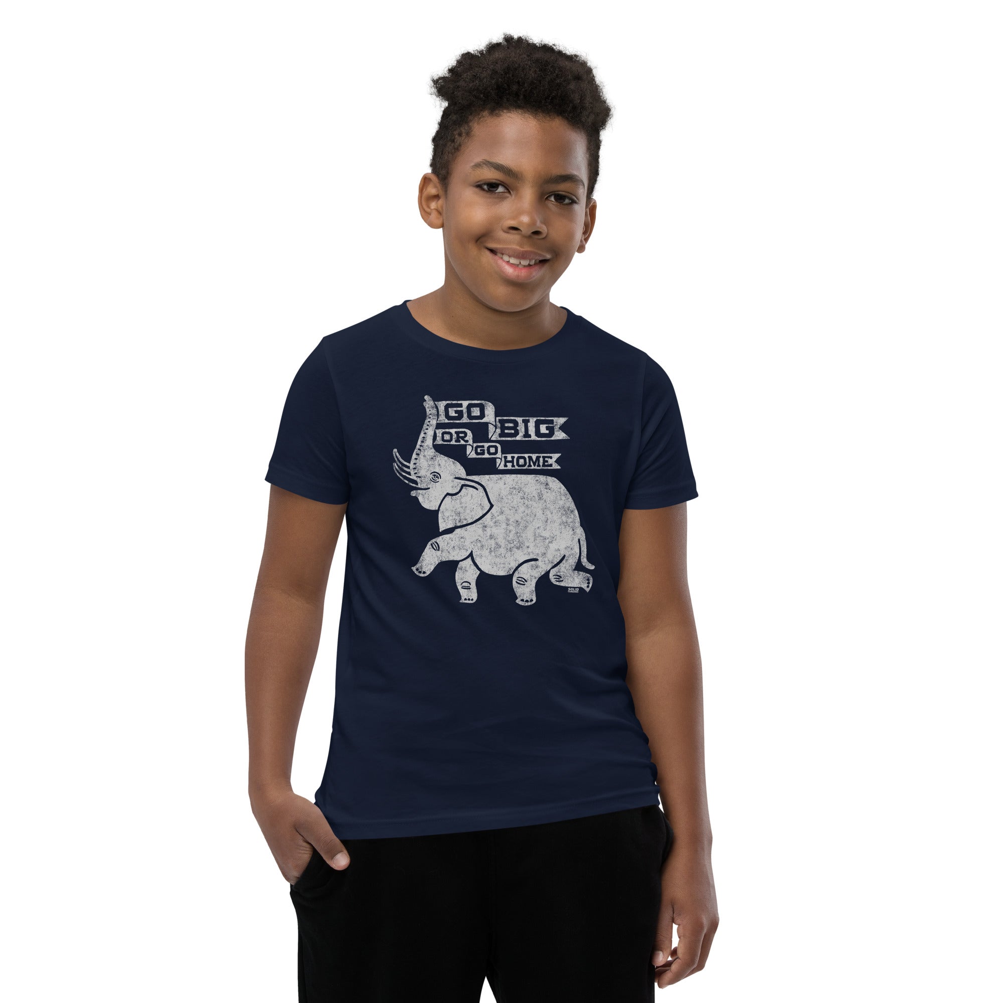 Youth Go Big Or Go Home Retro Extra Soft T-Shirt | Funny Elephant Kids Tee | Solid Threads