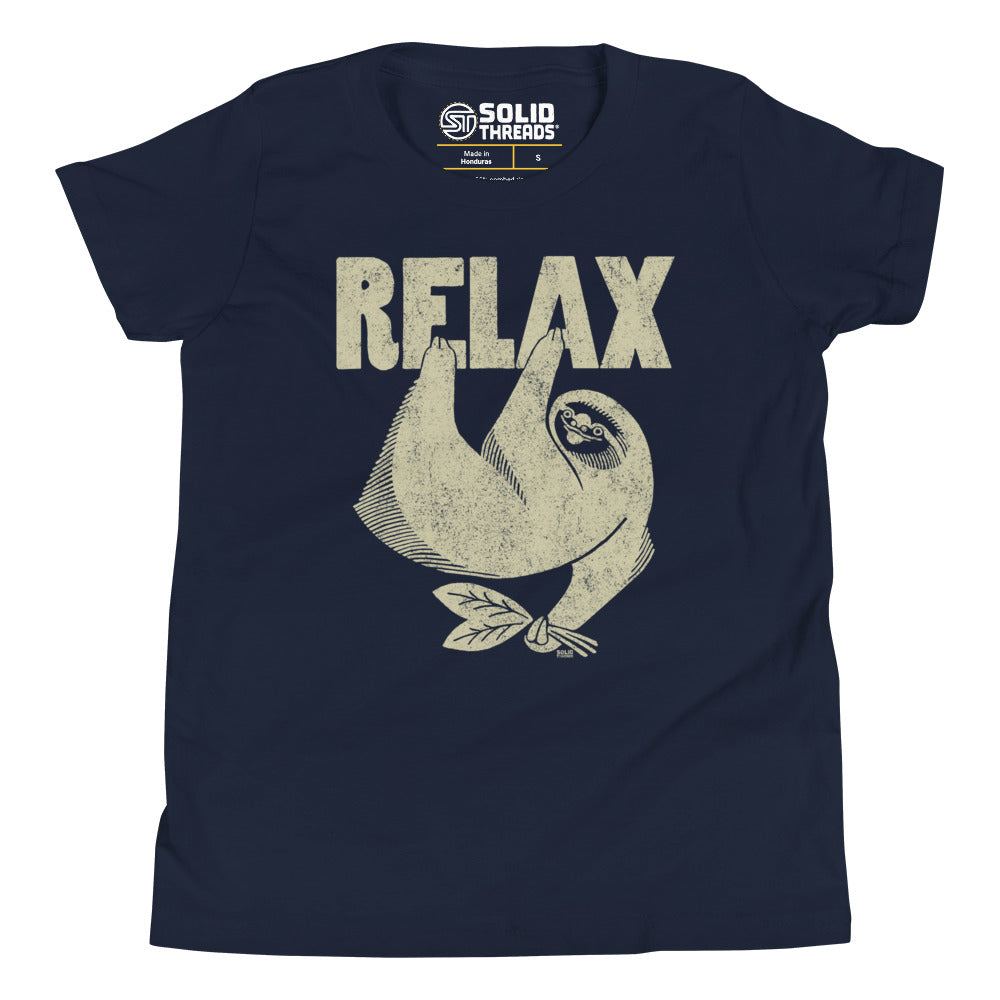 Youth Relax Retro Cute Sloth Extra Soft T-Shirt | Funny Animal Kids Tee | Solid Threads