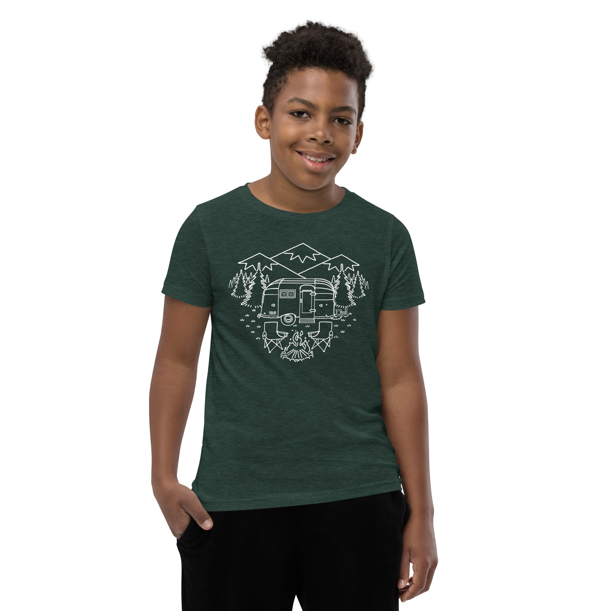 Youth Camp Site Retro Hiking Extra Soft T-Shirt | Cool Mountains Kids Tee | Solid Threads