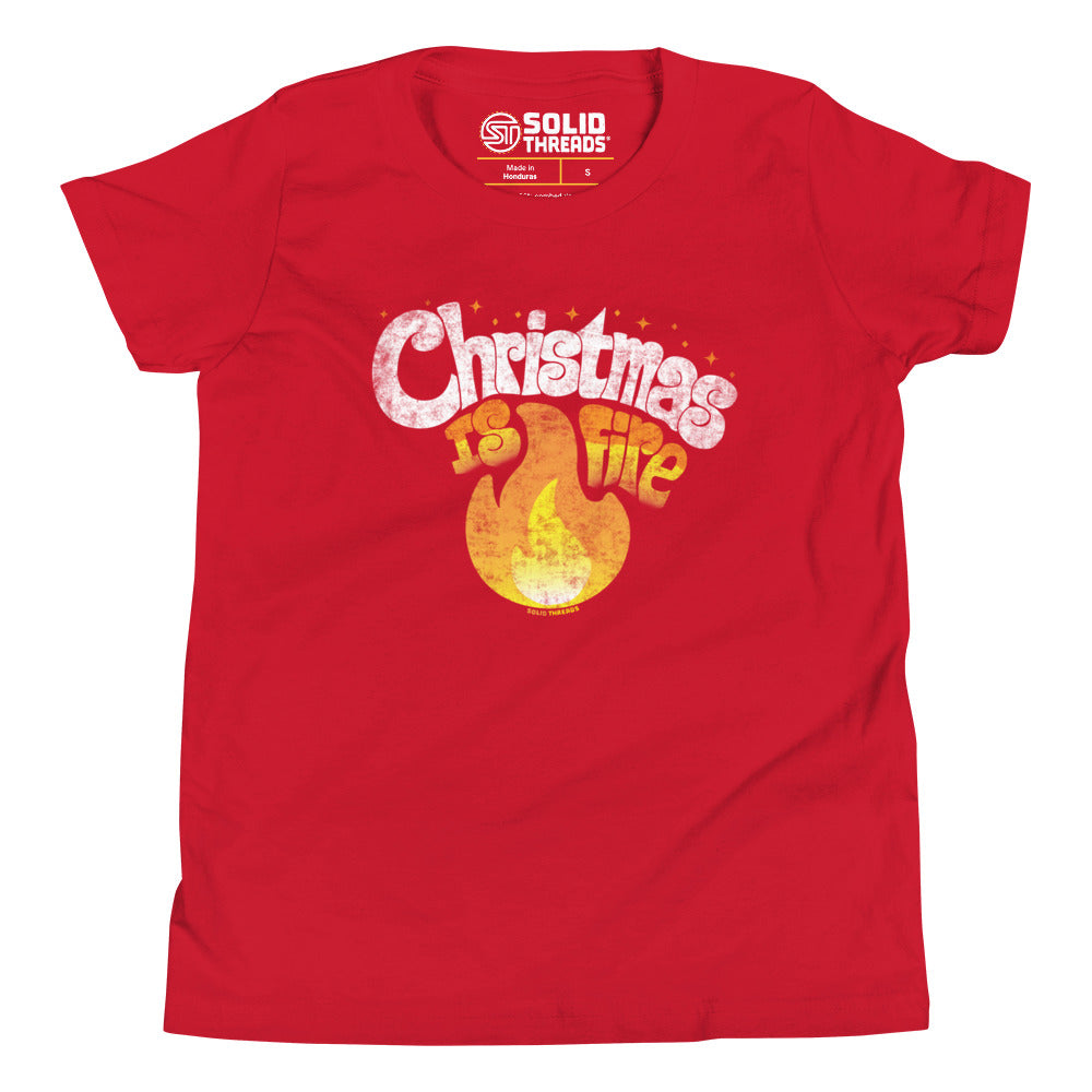 Youth Christmas Is Fire Retro Extra Soft T-Shirt | Funny Holiday Kids Tee | Solid Threads