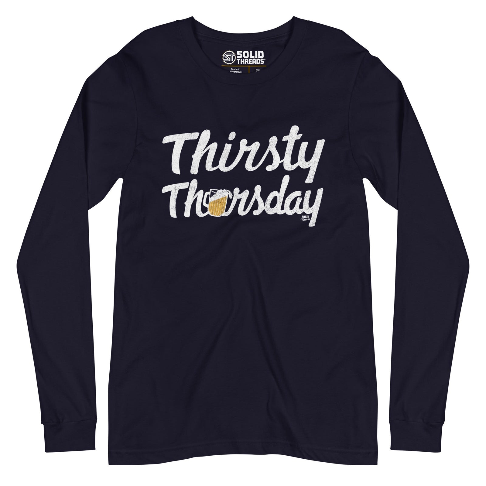 Men's Thirsty Thursday Vintage Long Sleeve T Shirt | Funny Drinking Graphic Tee | Solid Threads