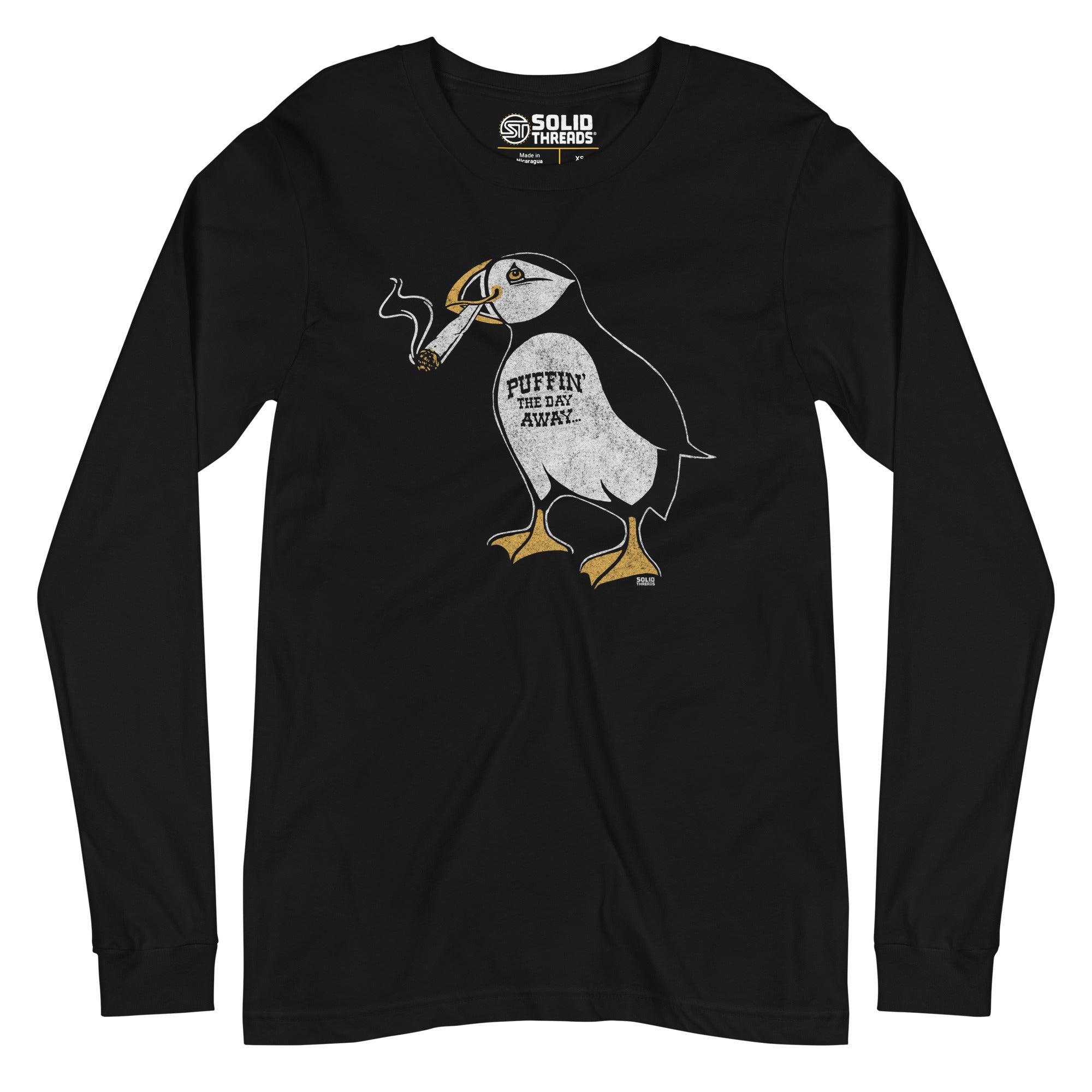 Puffin Away Vintage Long Sleeve T Shirt | Funny Marijuana Graphic Tee | Solid Threads