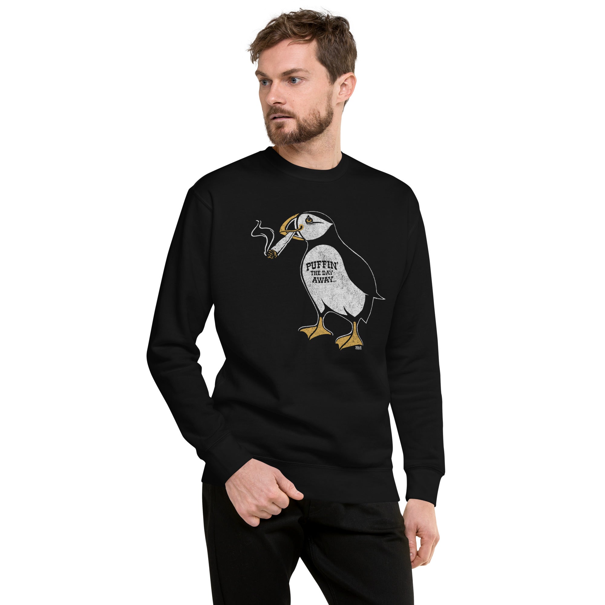 Men's Puffin Away Vintage Classic Sweatshirt | Funny Marijuana Fleece | Solid Threads