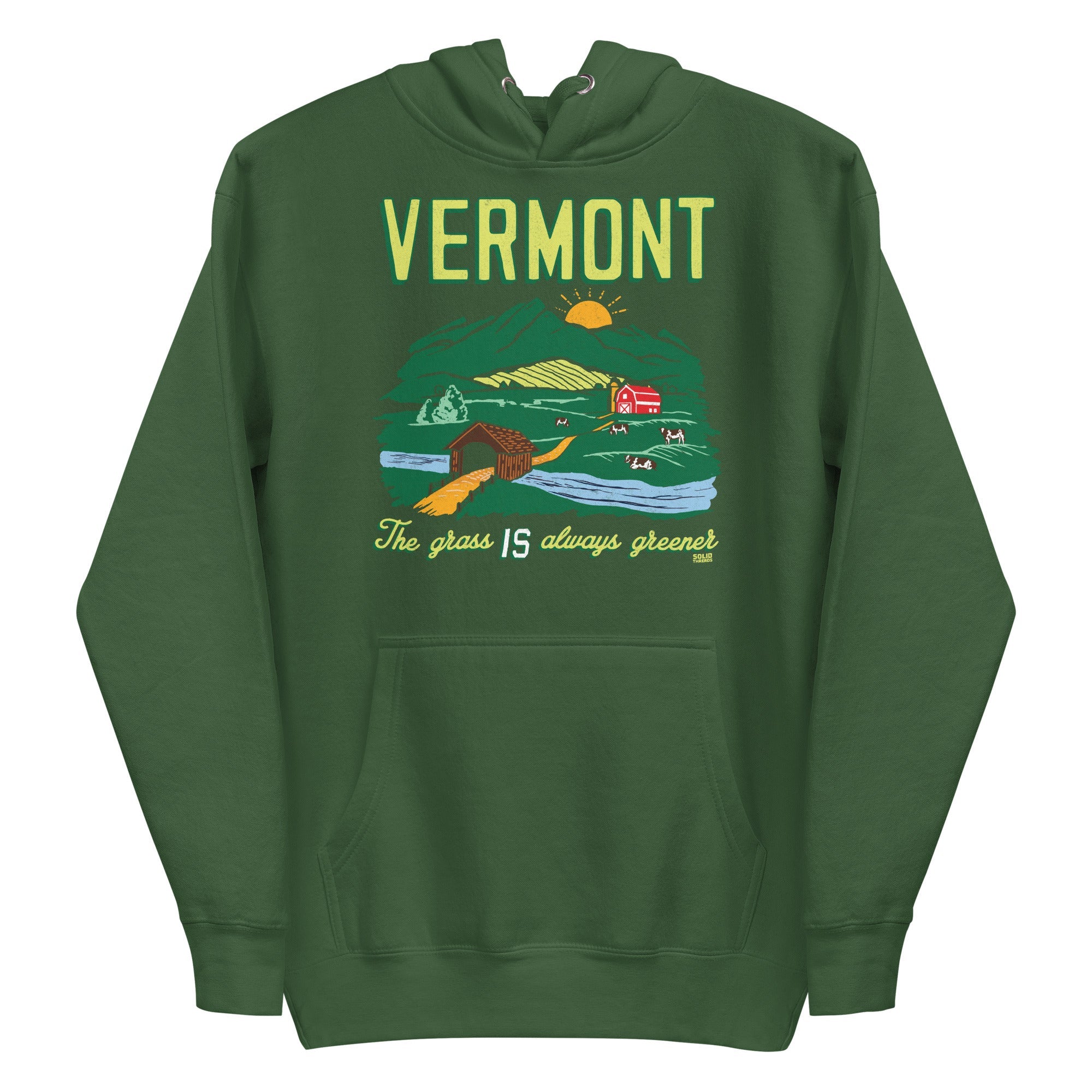 Vermont The Grass Is Always Greener Cool Classic Pullover Hoodie | Vintage Green Mountains Fleece | Solid Threads