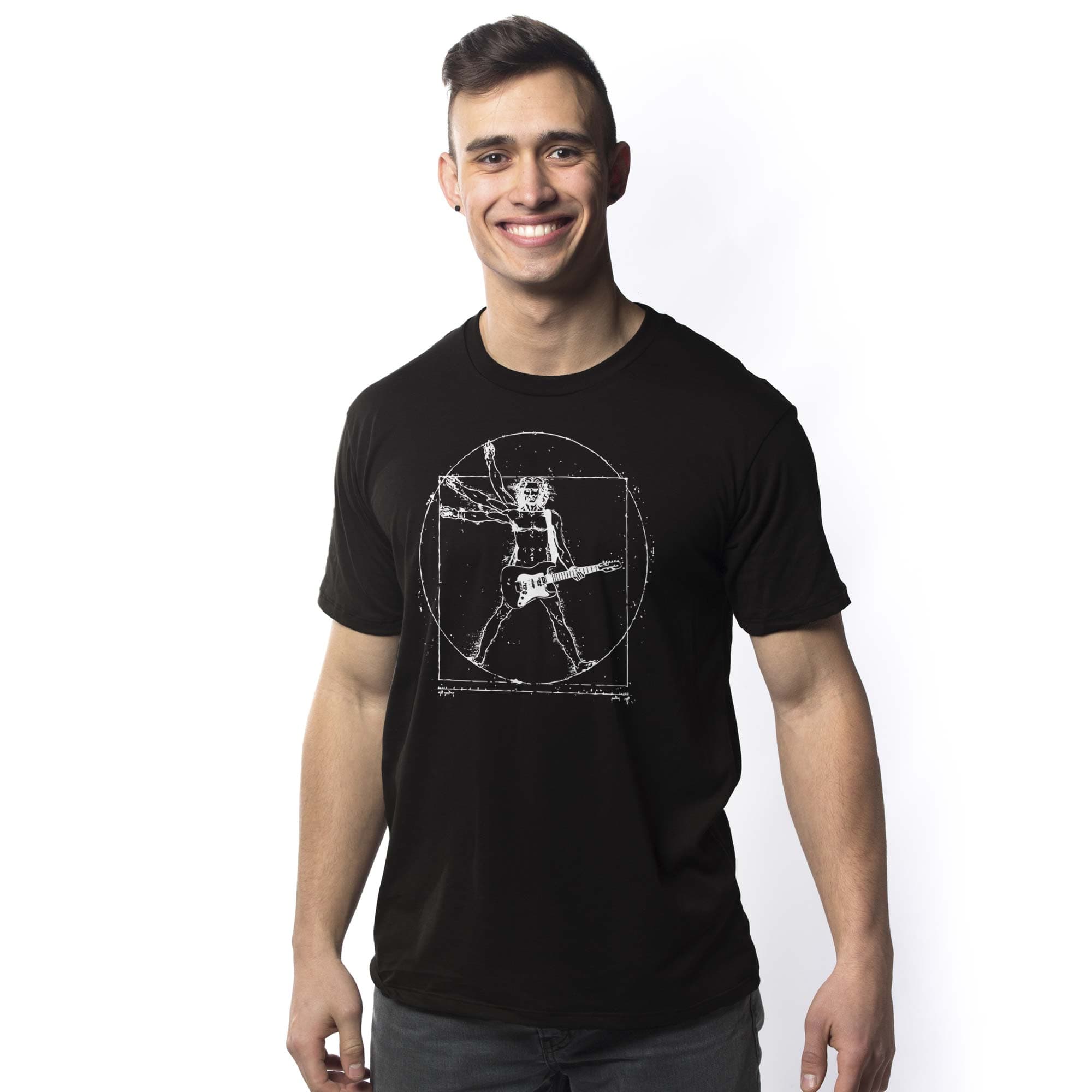 Men's Da Vinci Rock Designer Graphic T-Shirt | Cool Guitar Vitruvian Windmill Tee | Solid Threads