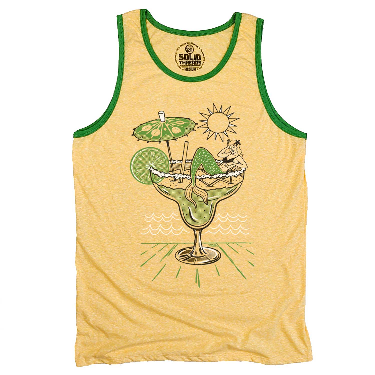 Men's Margarita Mermaid Vintage Graphic Tank Top | Cool Vacation Sleeveless Shirt | Solid Threads