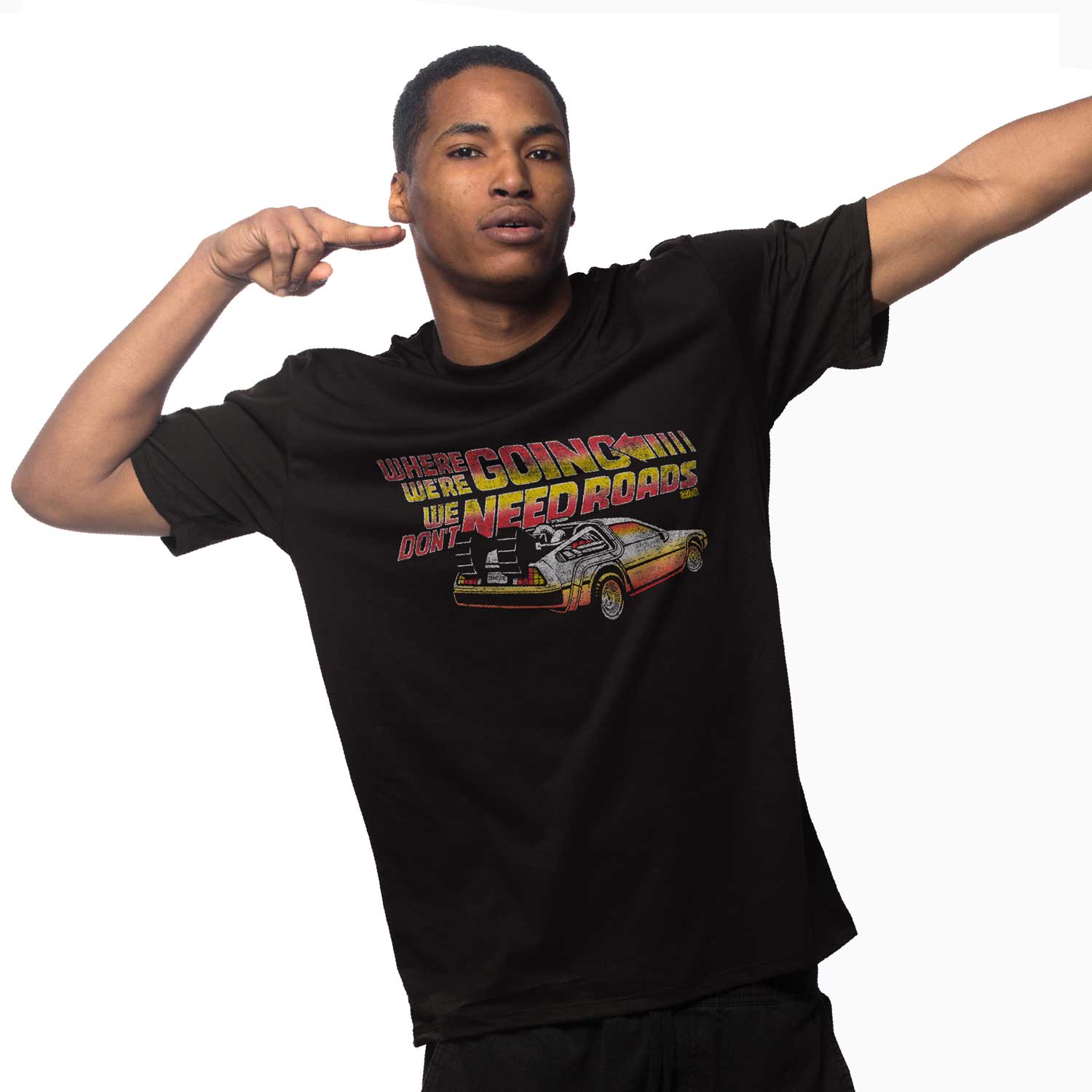 Men's Where We're Going We Don't Need Roads Retro 80s Back To The Future Graphic Tee | Solid Threads