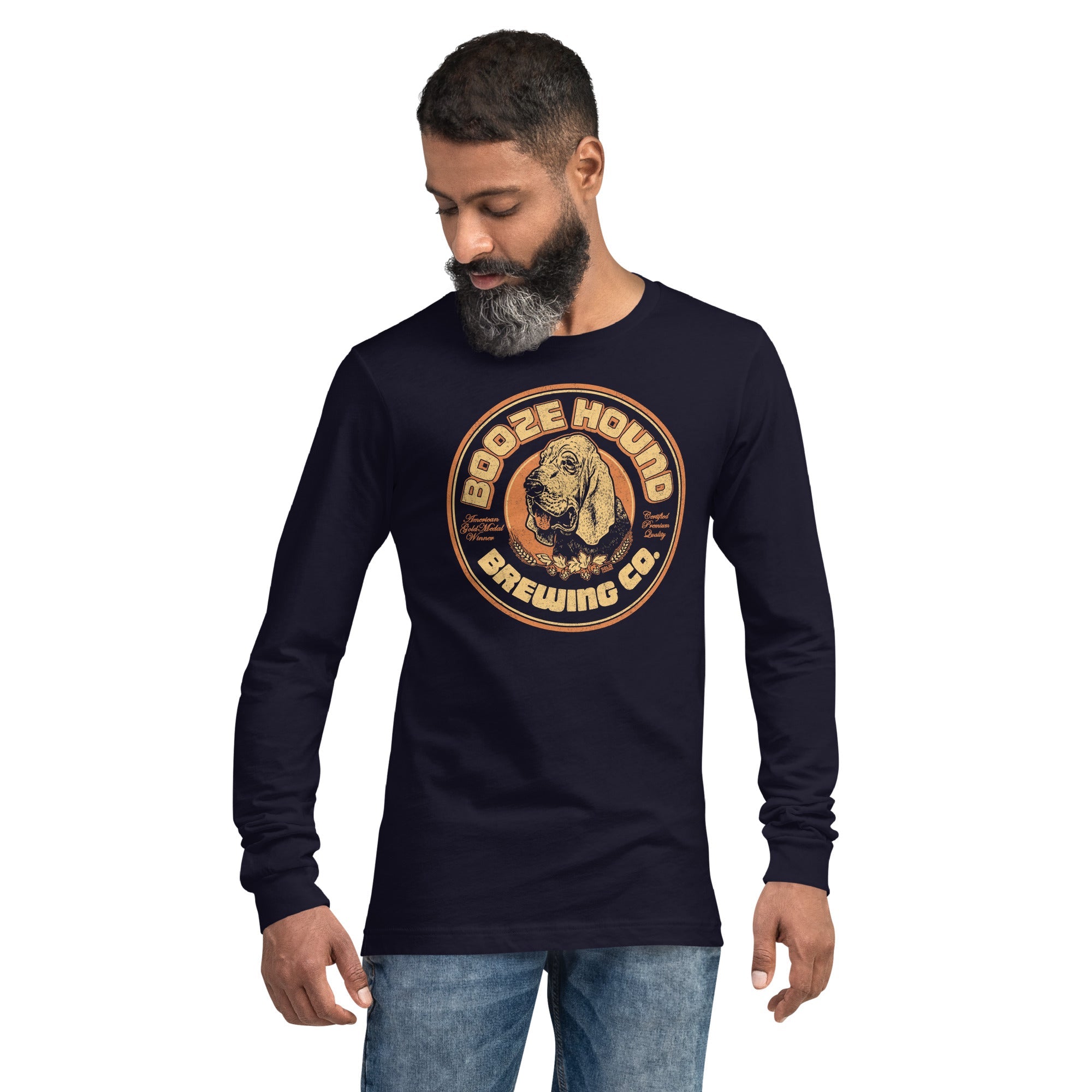 Boozehound Brewing Co. Vintage Graphic Long Sleeve Tee | Retro Drinking T-Shirt - Solid Threads