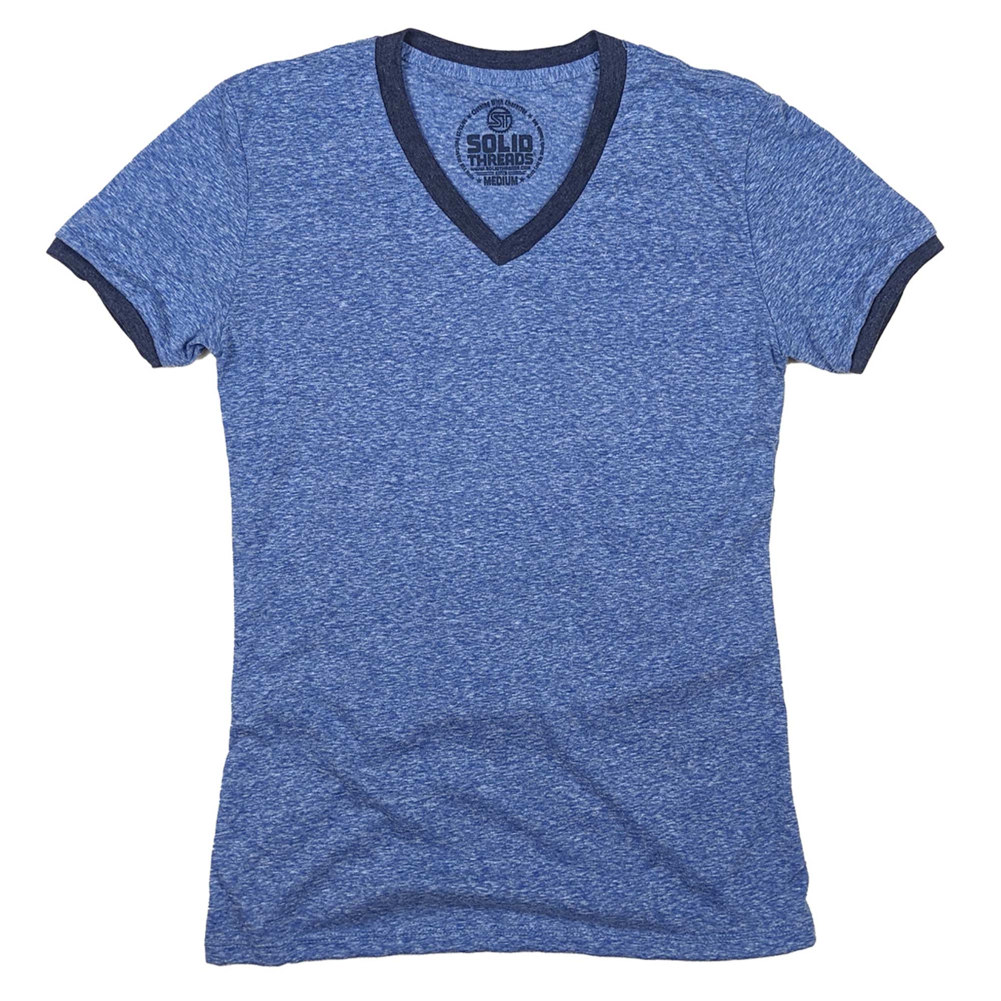 Women's Solid Threads Triblend Royal/Navy Retro ringer V-neck T-shirt