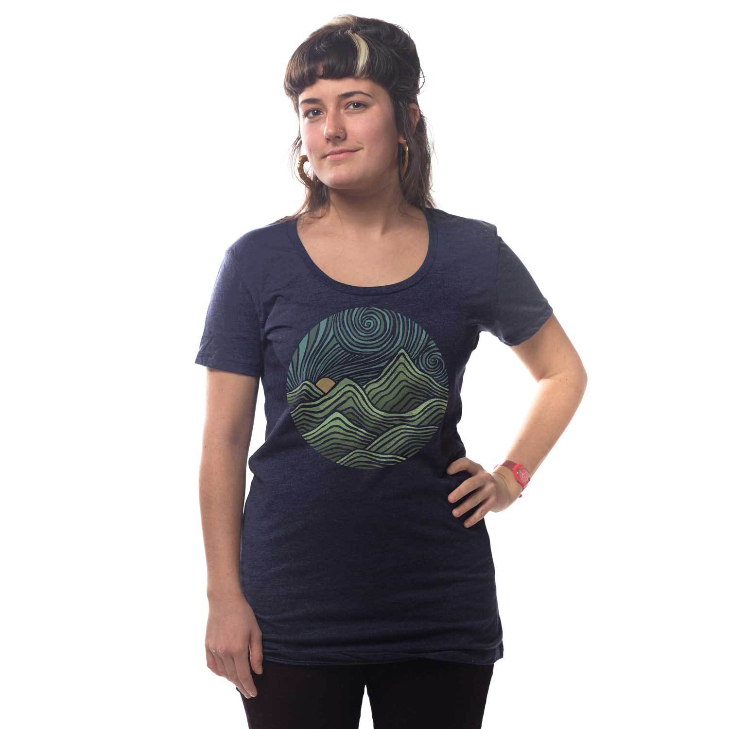 Women's Swirly Mountains Vintage Nature Graphic Tee | Cool Colorful Hippie T-Shirt | Solid Threads